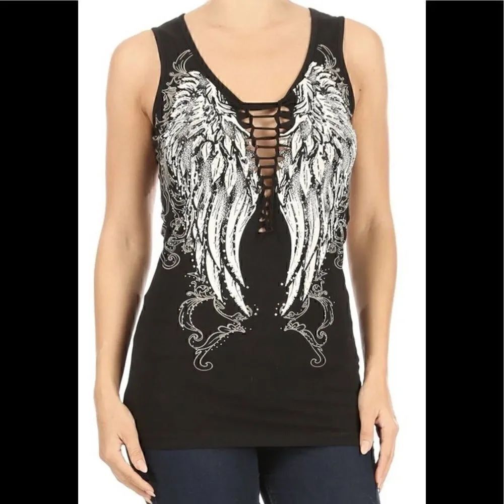 Braided Angel Wings Black VNeck NWT